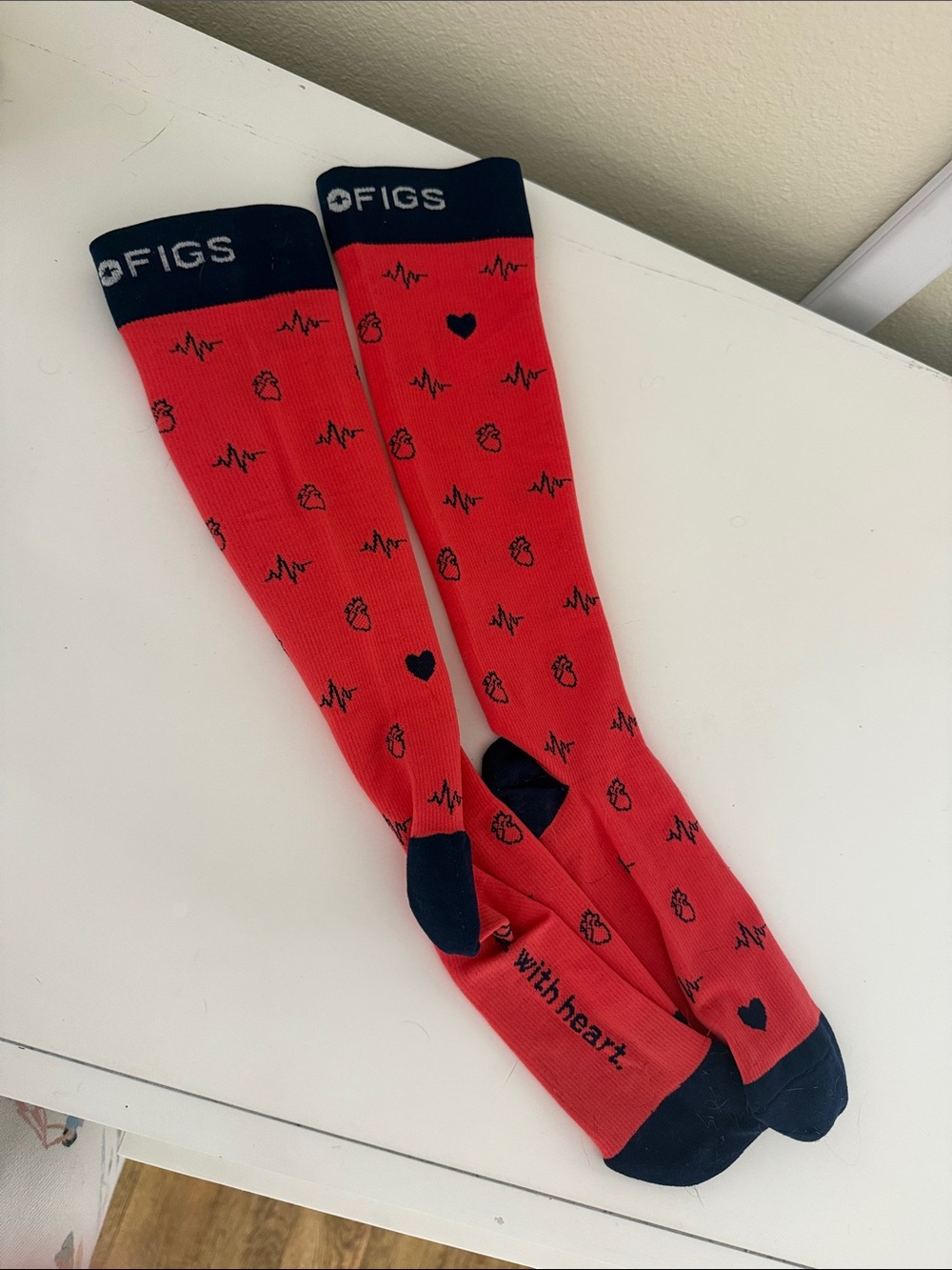 Figs Red Knee-High Socks with Navy Accents and Heartbeat Motif